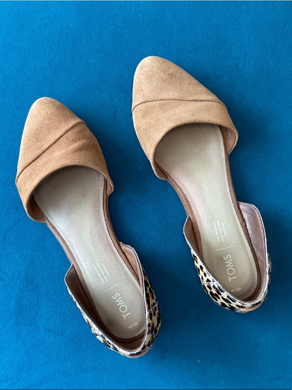 TOMS Tan Suede D'Orsay Flats with Leopard Heel